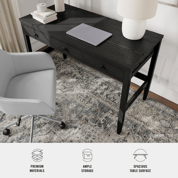 Black Frame/Oil Rubbed Bronzed Hardware |#| Black Home Office Desk with 3 Drawers, Tapered Legs, Oil Rubbed Bronze Hardware