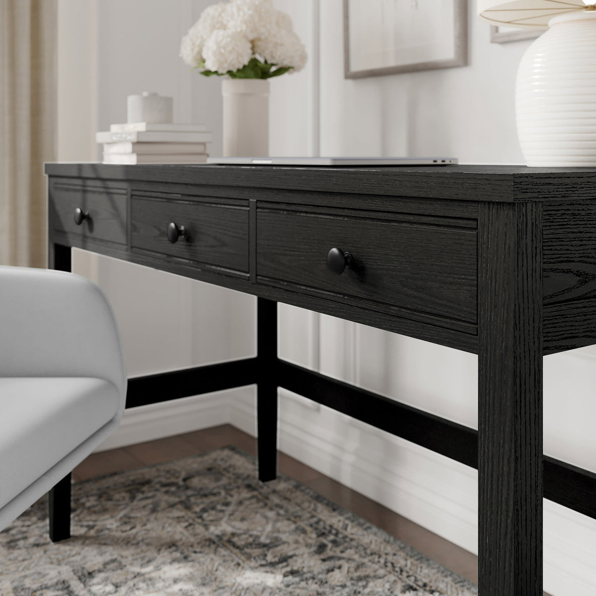 Black Frame/Oil Rubbed Bronzed Hardware |#| Black Home Office Desk with 3 Drawers, Tapered Legs, Oil Rubbed Bronze Hardware