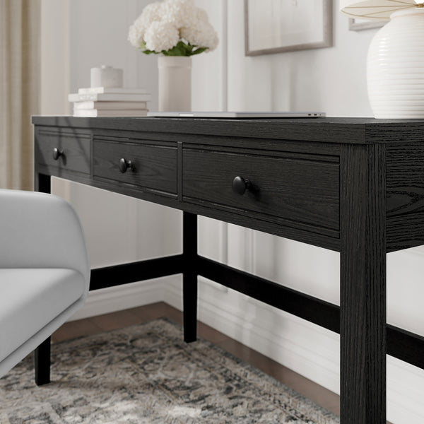 Black Frame/Oil Rubbed Bronzed Hardware |#| Black Home Office Desk with 3 Drawers, Tapered Legs, Oil Rubbed Bronze Hardware