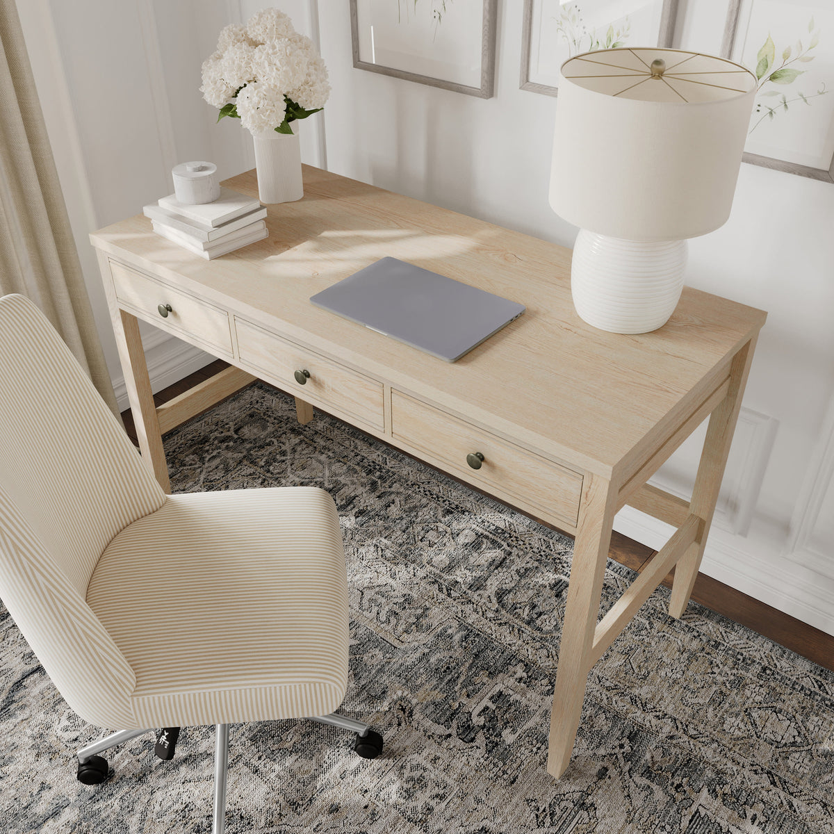 Light Natural Frame/Antique Bronze Hardware |#| Lt. Natural Home Office Desk with 3 Drawers, Tapered Legs, Ant. Bronze Hardware