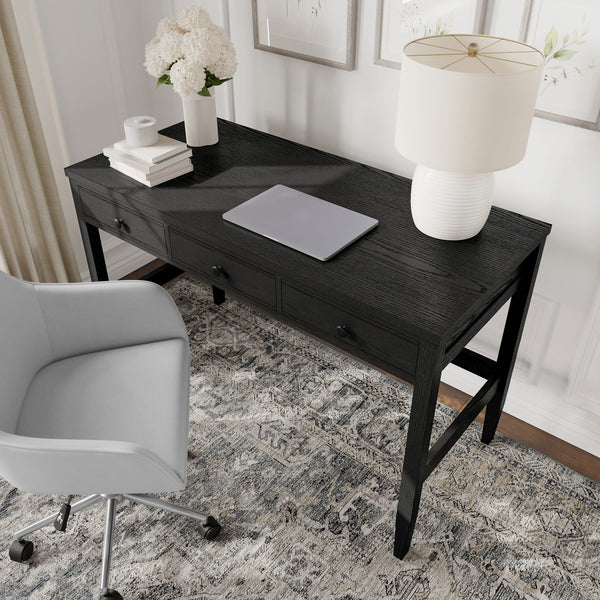 Black Frame/Oil Rubbed Bronzed Hardware |#| Black Home Office Desk with 3 Drawers, Tapered Legs, Oil Rubbed Bronze Hardware
