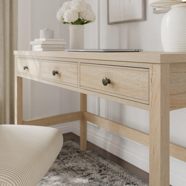 Light Natural Frame/Antique Bronze Hardware |#| Lt. Natural Home Office Desk with 3 Drawers, Tapered Legs, Ant. Bronze Hardware