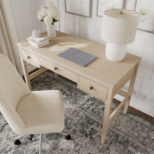 Light Natural Frame/Antique Bronze Hardware |#| Lt. Natural Writing Desk with 3 Drawers, Tapered Legs, Antique Bronze Hardware