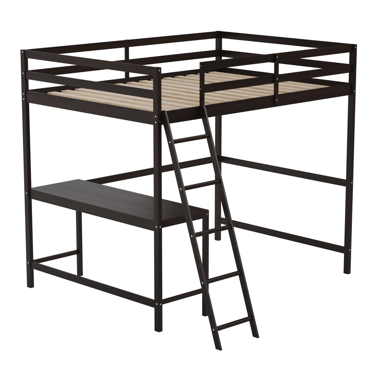 Espresso,Full |#| Full Size Traditional Wood Slat Loft Bed with Integrated Desk & Ladder-Espresso