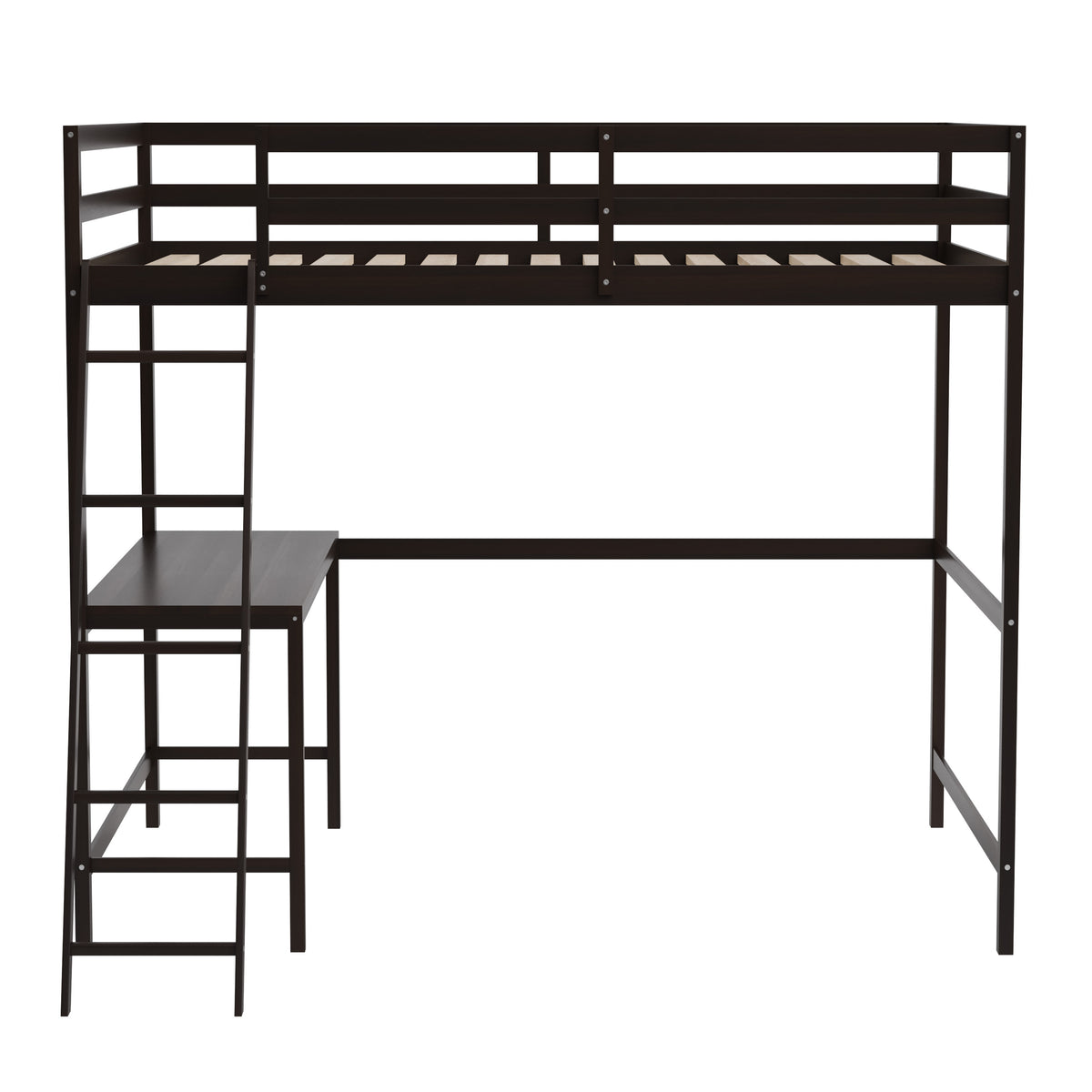 Espresso,Full |#| Full Size Traditional Wood Slat Loft Bed with Integrated Desk & Ladder-Espresso