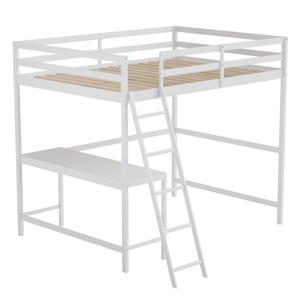 White,Full |#| Full Size Traditional Wood Slat Loft Bed with Integrated Desk & Ladder-White