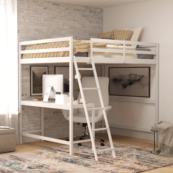 White,Full |#| Full Size Traditional Wood Slat Loft Bed with Integrated Desk & Ladder-White