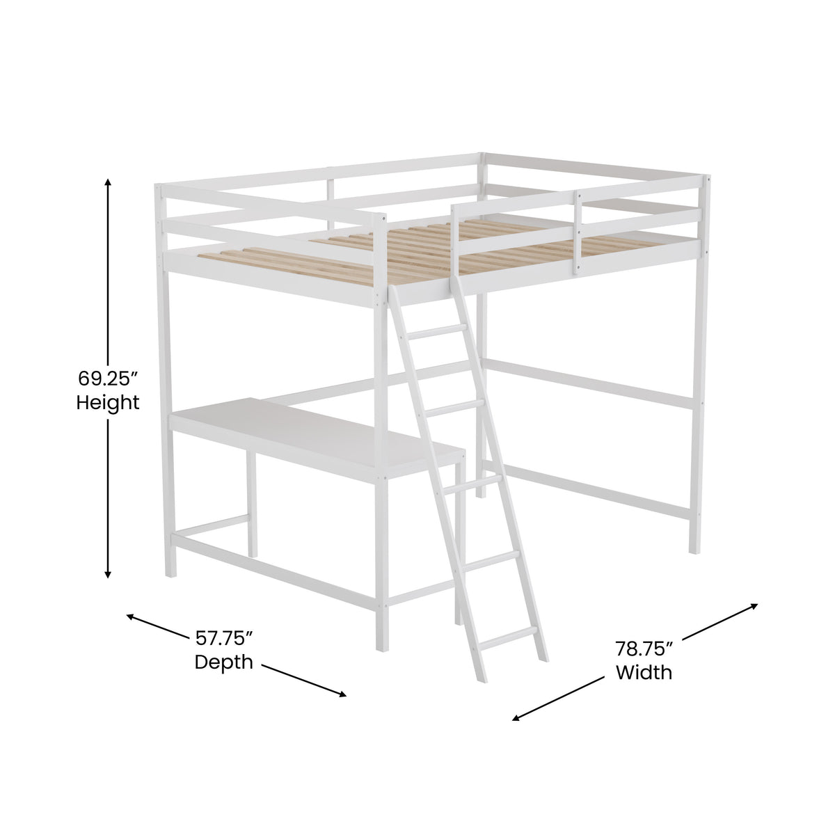 White,Full |#| Full Size Traditional Wood Slat Loft Bed with Integrated Desk & Ladder-White