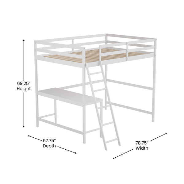 White,Full |#| Full Size Traditional Wood Slat Loft Bed with Integrated Desk & Ladder-White