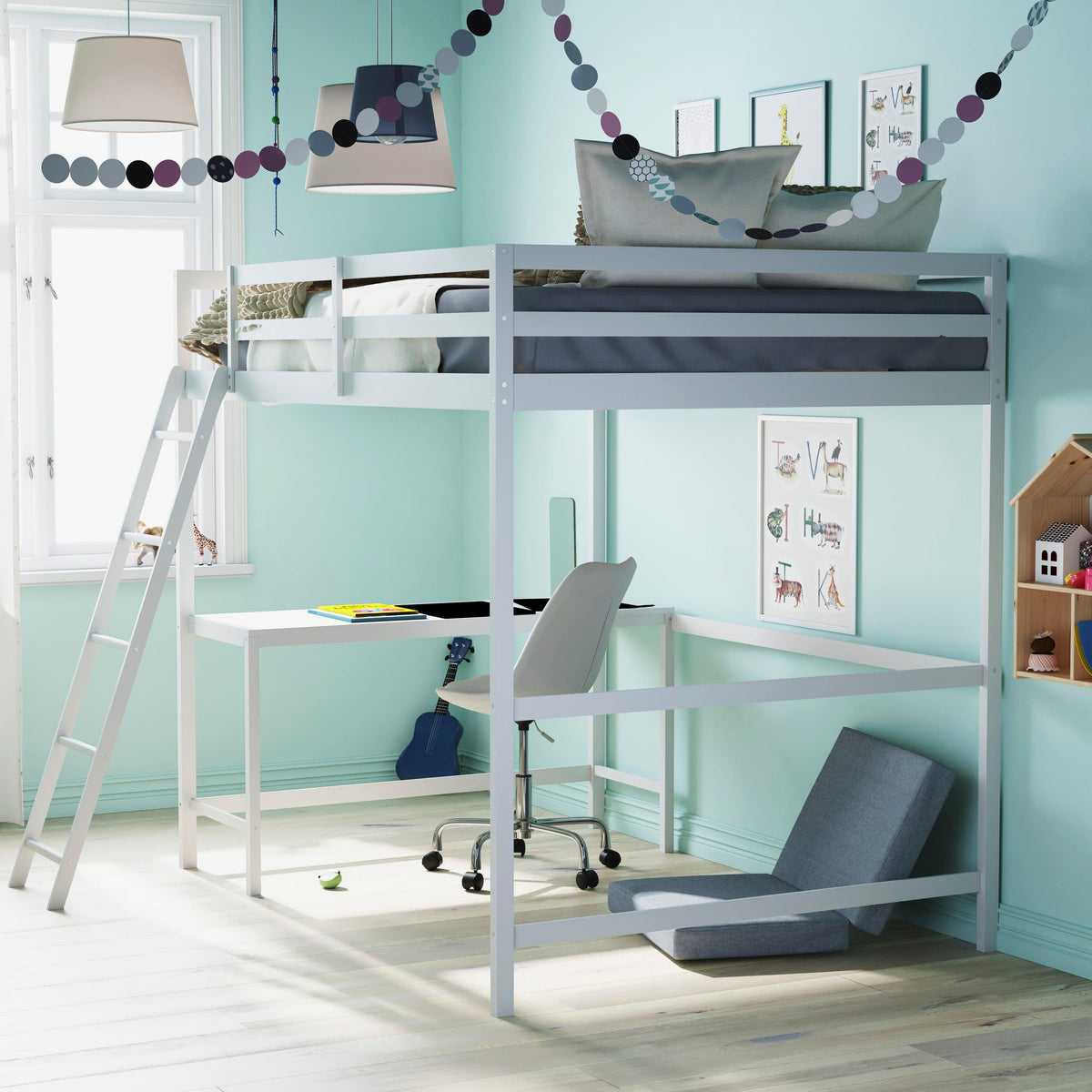 White,Full |#| Full Size Traditional Wood Slat Loft Bed with Integrated Desk & Ladder-White