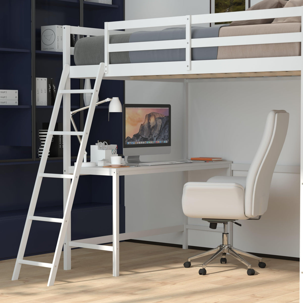 White,Full |#| Full Size Traditional Wood Slat Loft Bed with Integrated Desk & Ladder-White