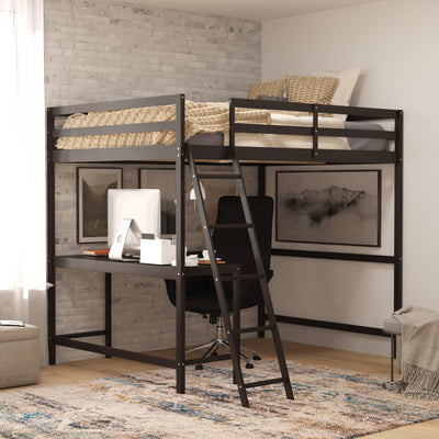 Riley Loft Bed Frame with Desk, Wooden Bed Frame with Protective Guard Rails & Ladder for Kids and Teens - View 2