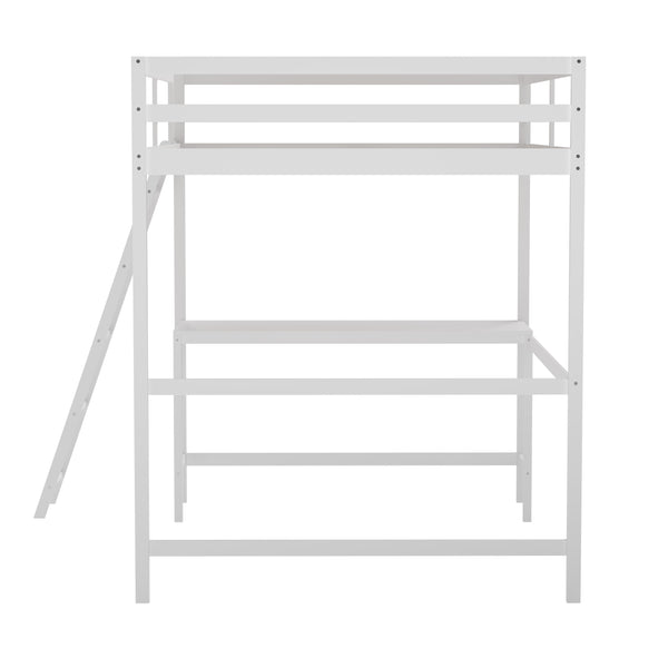 White,Full |#| Full Size Traditional Wood Slat Loft Bed with Integrated Desk & Ladder-White