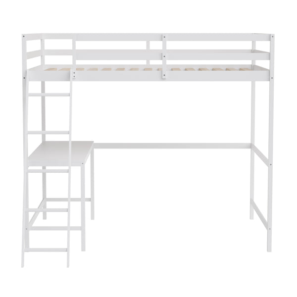 White,Full |#| Full Size Traditional Wood Slat Loft Bed with Integrated Desk & Ladder-White