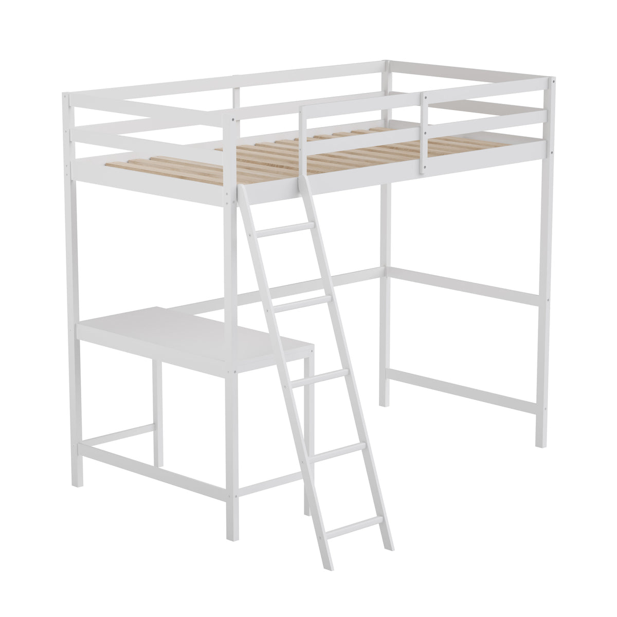 White,Twin |#| Twin Size Traditional Wood Slat Loft Bed with Integrated Desk & Ladder-White