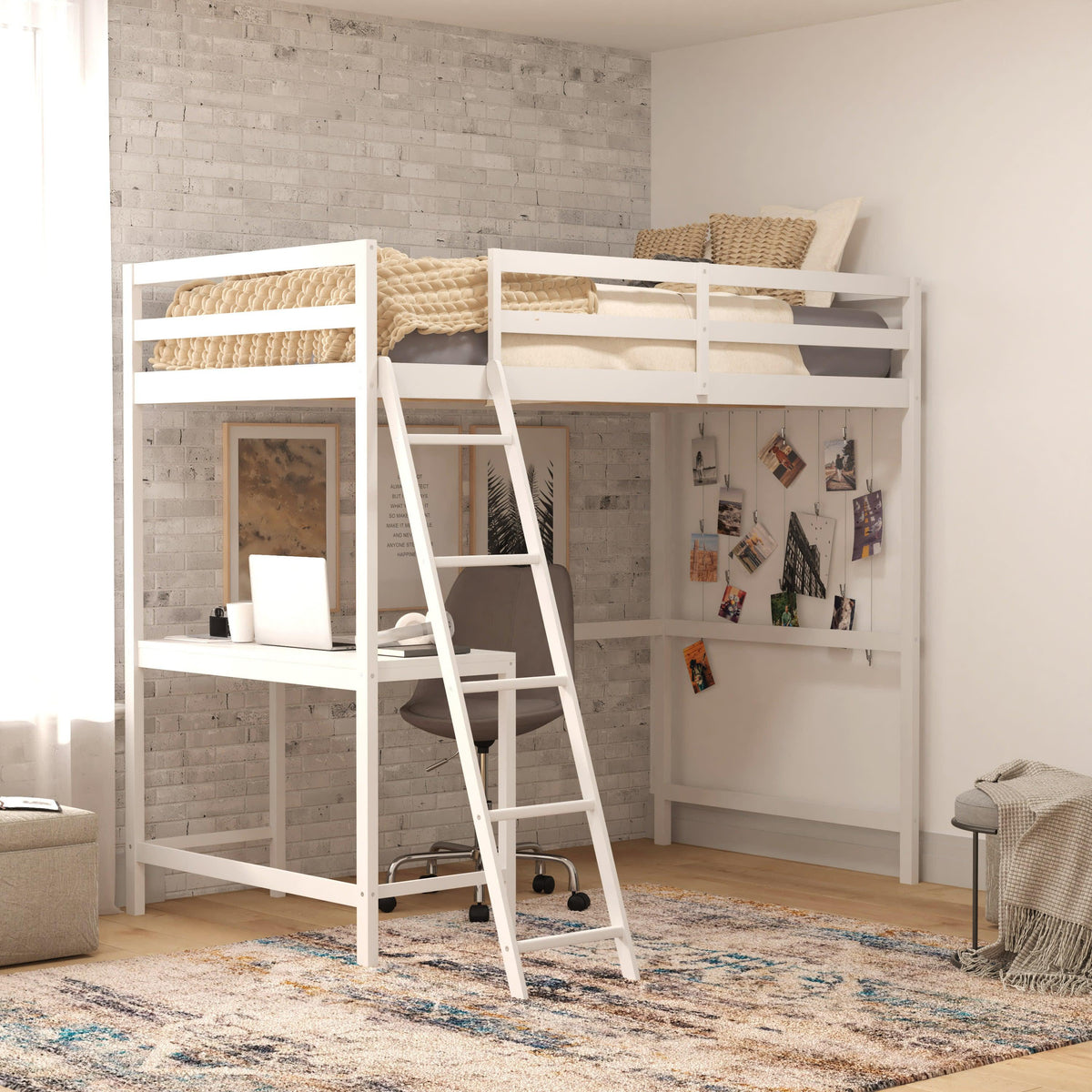 White,Twin |#| Twin Size Traditional Wood Slat Loft Bed with Integrated Desk & Ladder-White