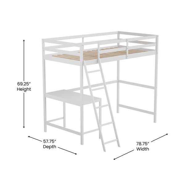 White,Twin |#| Twin Size Traditional Wood Slat Loft Bed with Integrated Desk & Ladder-White