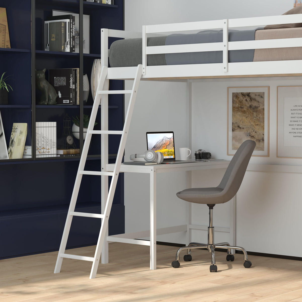 White,Twin |#| Twin Size Traditional Wood Slat Loft Bed with Integrated Desk & Ladder-White