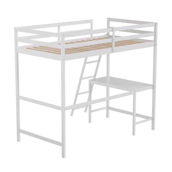 White,Twin |#| Twin Size Traditional Wood Slat Loft Bed with Integrated Desk & Ladder-White