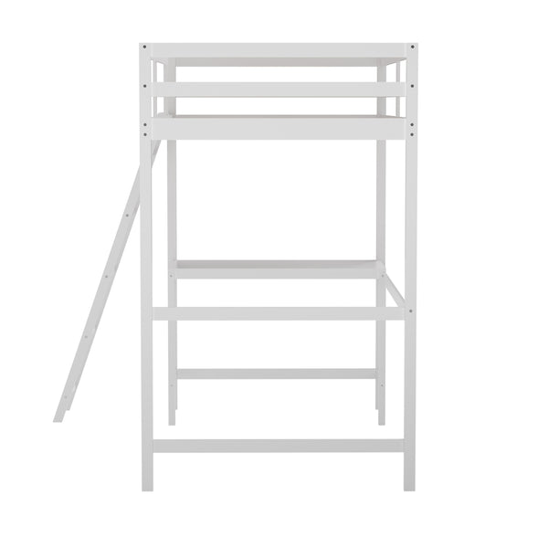 White,Twin |#| Twin Size Traditional Wood Slat Loft Bed with Integrated Desk & Ladder-White