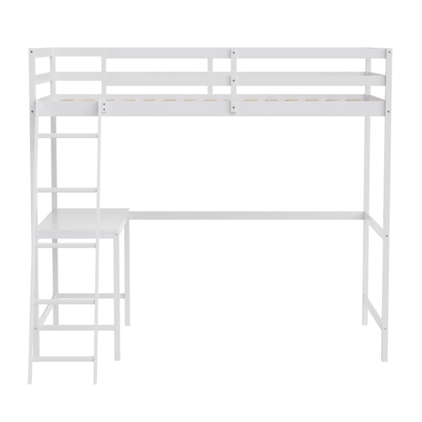 White,Twin |#| Twin Size Traditional Wood Slat Loft Bed with Integrated Desk & Ladder-White