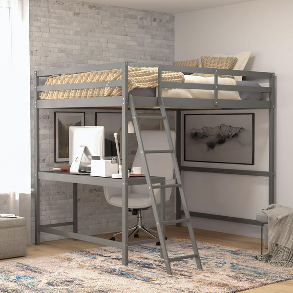 Light Gray,Full |#| Full Size Traditional Wood Slat Loft Bed with Integrated Desk & Ladder-Lt Gray