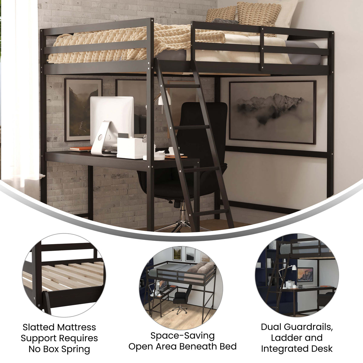 Espresso,Full |#| Full Size Traditional Wood Slat Loft Bed with Integrated Desk & Ladder-Espresso