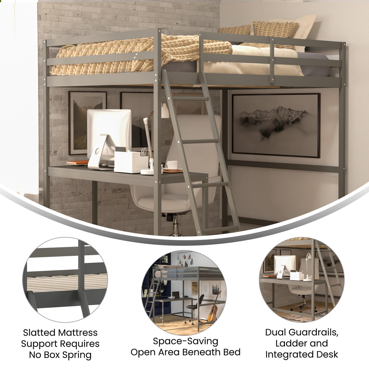 Light Gray,Full |#| Full Size Traditional Wood Slat Loft Bed with Integrated Desk & Ladder-Lt Gray