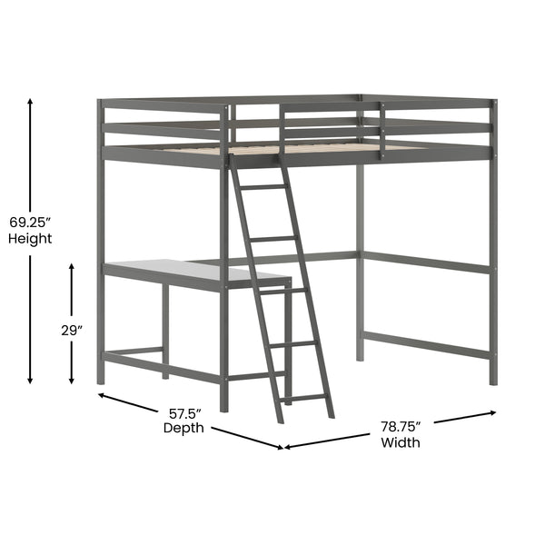 Light Gray,Full |#| Full Size Traditional Wood Slat Loft Bed with Integrated Desk & Ladder-Lt Gray