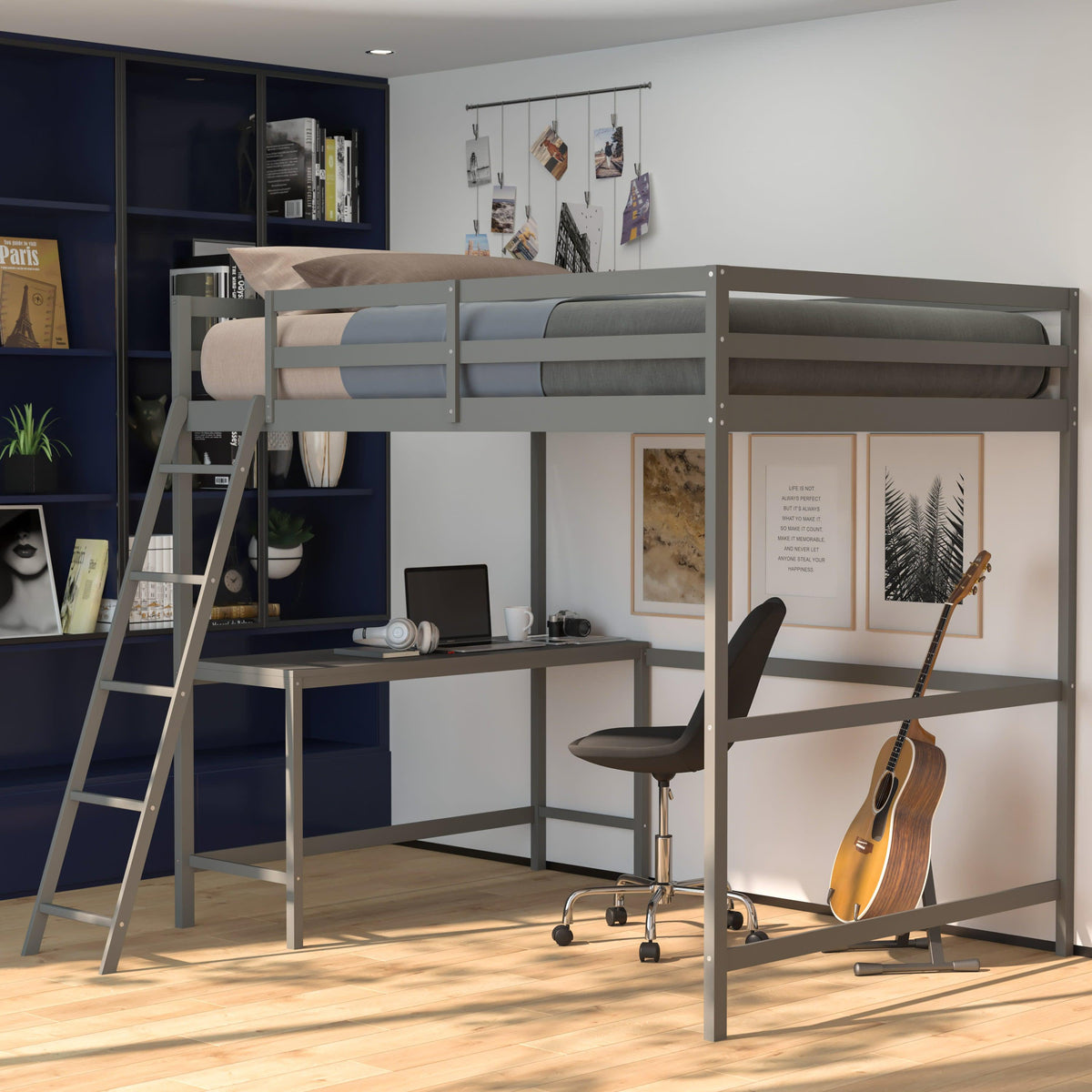 Light Gray,Full |#| Full Size Traditional Wood Slat Loft Bed with Integrated Desk & Ladder-Lt Gray