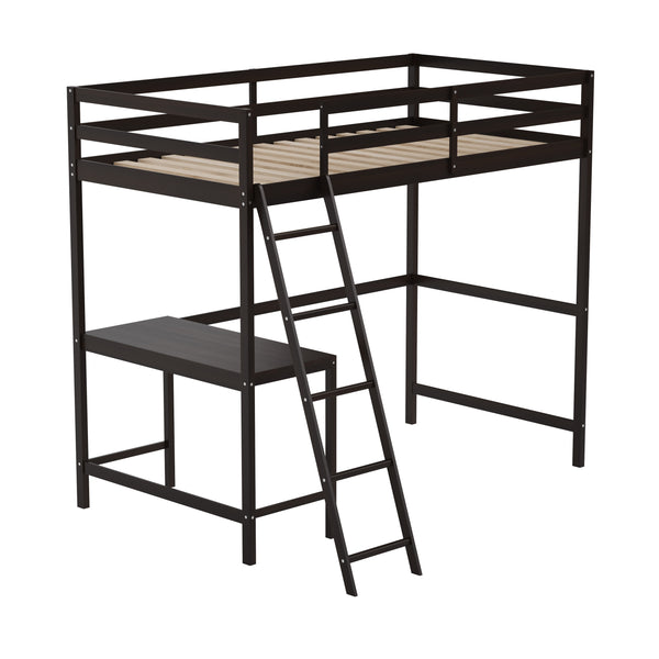 Espresso,Twin |#| Twin Size Traditional Wood Slat Loft Bed with Integrated Desk & Ladder-Espresso