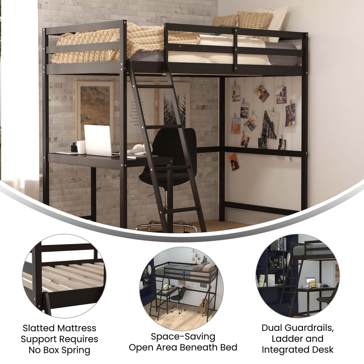 Espresso,Twin |#| Twin Size Traditional Wood Slat Loft Bed with Integrated Desk & Ladder-Espresso