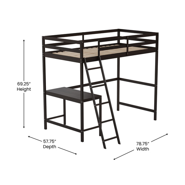 Espresso,Twin |#| Twin Size Traditional Wood Slat Loft Bed with Integrated Desk & Ladder-Espresso