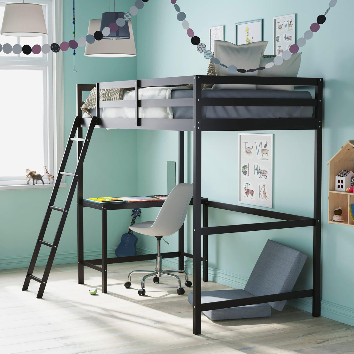 Espresso,Twin |#| Twin Size Traditional Wood Slat Loft Bed with Integrated Desk & Ladder-Espresso