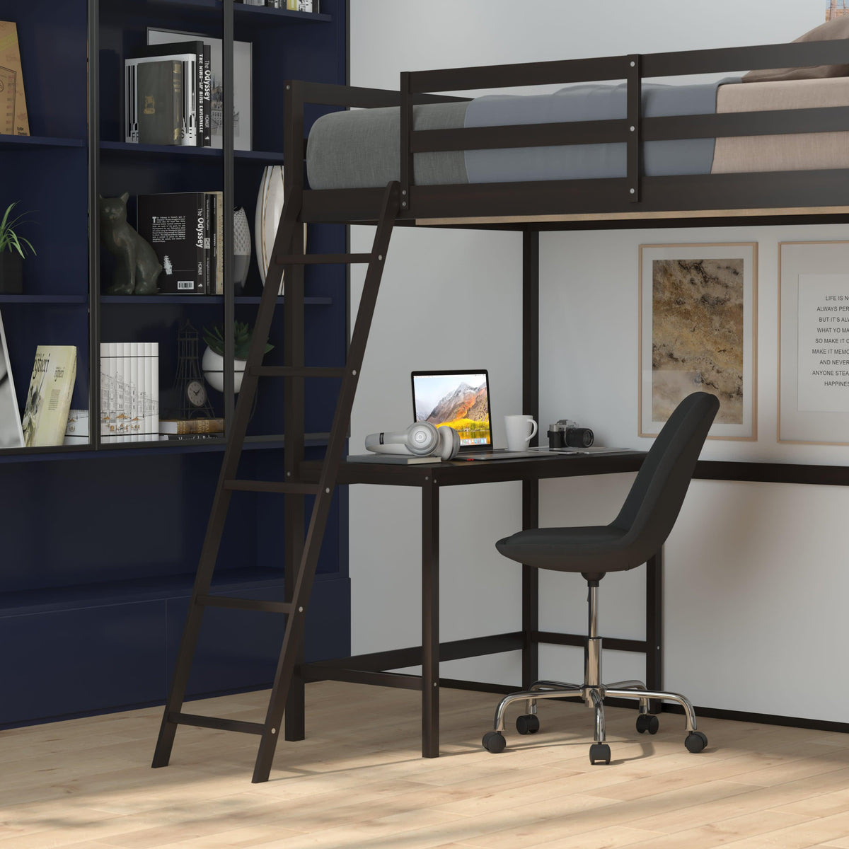 Espresso,Twin |#| Twin Size Traditional Wood Slat Loft Bed with Integrated Desk & Ladder-Espresso