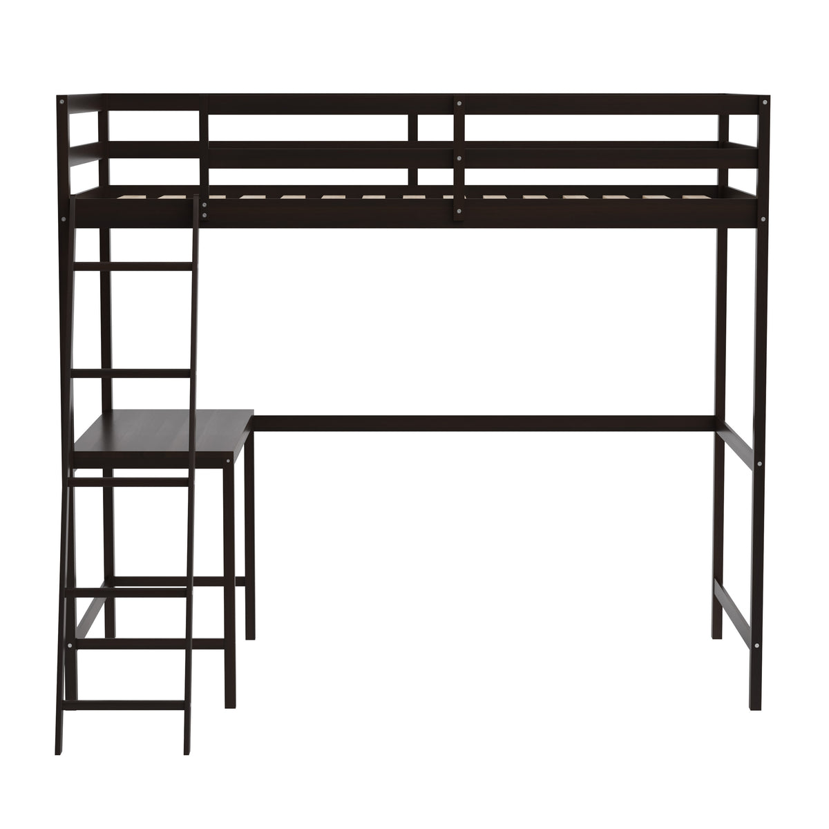 Espresso,Twin |#| Twin Size Traditional Wood Slat Loft Bed with Integrated Desk & Ladder-Espresso