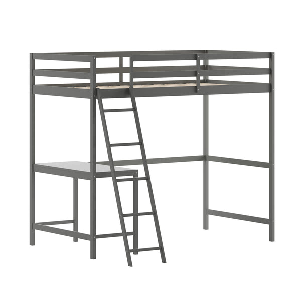 Light Gray,Twin |#| Twin Size Traditional Wood Slat Loft Bed with Integrated Desk & Ladder-Lt Gray