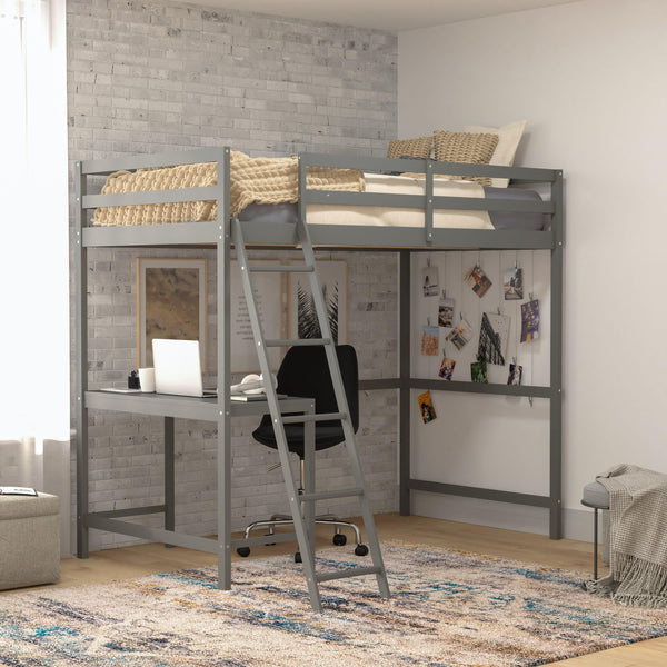 Light Gray,Twin |#| Twin Size Traditional Wood Slat Loft Bed with Integrated Desk & Ladder-Lt Gray