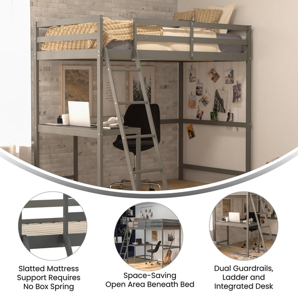 Light Gray,Twin |#| Twin Size Traditional Wood Slat Loft Bed with Integrated Desk & Ladder-Lt Gray