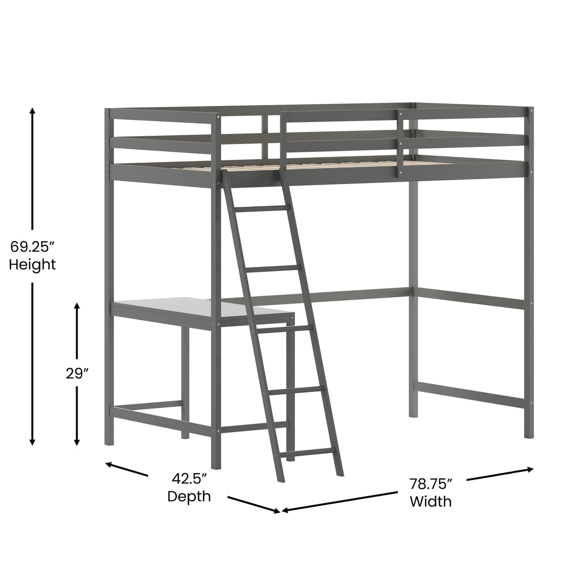 Light Gray,Twin |#| Twin Size Traditional Wood Slat Loft Bed with Integrated Desk & Ladder-Lt Gray