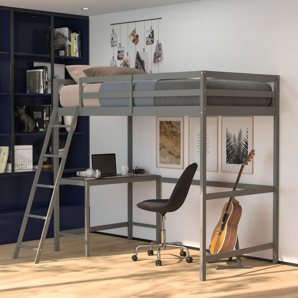 Light Gray,Twin |#| Twin Size Traditional Wood Slat Loft Bed with Integrated Desk & Ladder-Lt Gray