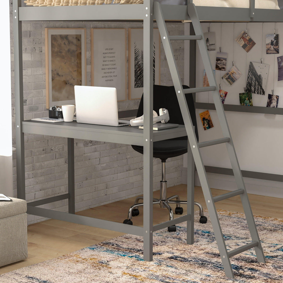 Light Gray,Twin |#| Twin Size Traditional Wood Slat Loft Bed with Integrated Desk & Ladder-Lt Gray