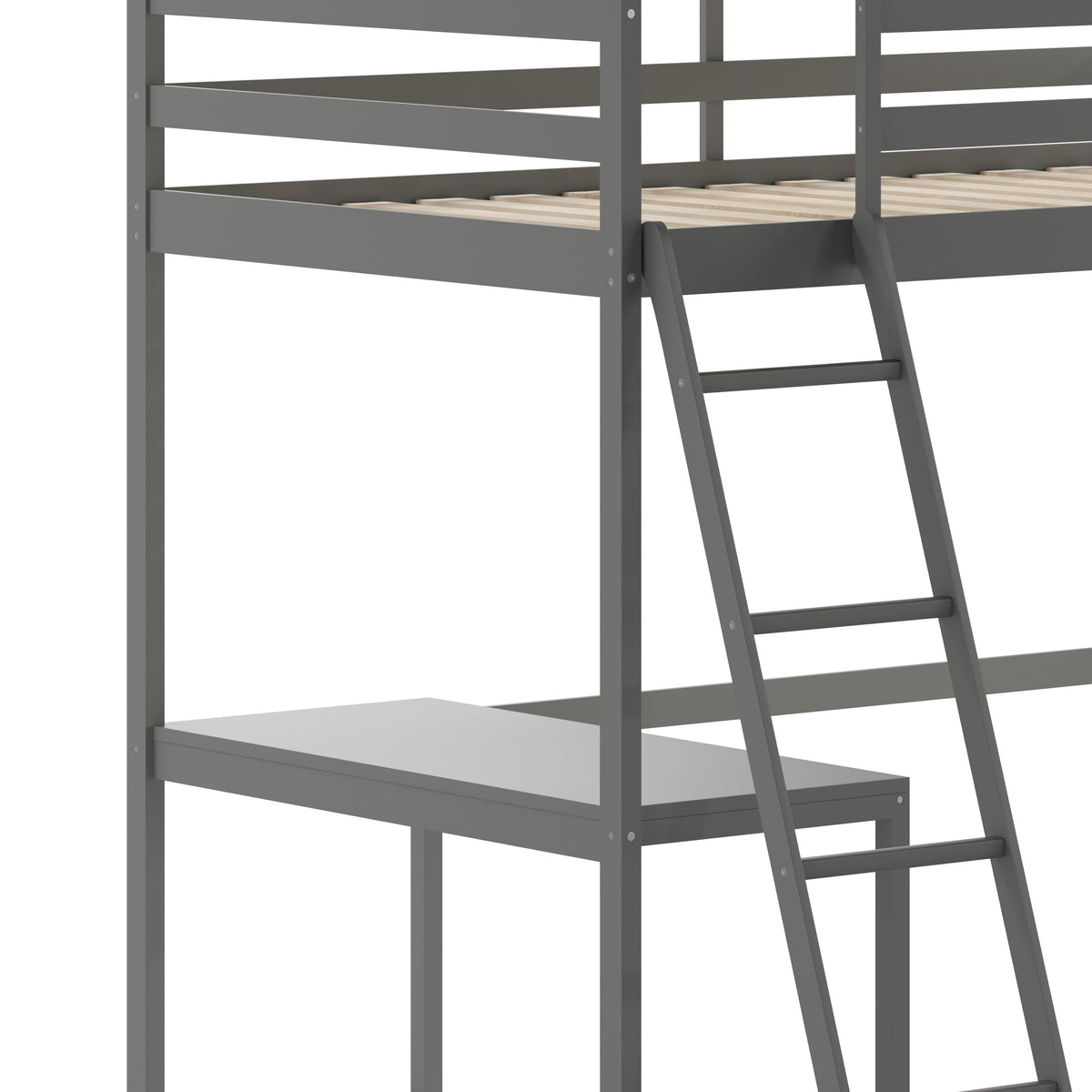 Light Gray,Twin |#| Twin Size Traditional Wood Slat Loft Bed with Integrated Desk & Ladder-Lt Gray