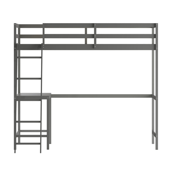 Light Gray,Twin |#| Twin Size Traditional Wood Slat Loft Bed with Integrated Desk & Ladder-Lt Gray