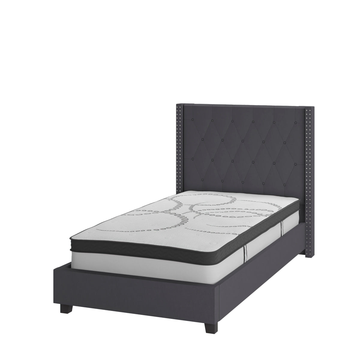 Dark Gray,Twin |#| Twin Tufted Platform Bed in Dark Gray Fabric with 10 Inch Pocket Spring Mattress