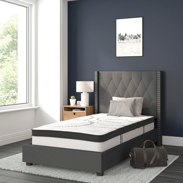 Dark Gray,Twin |#| Twin Tufted Platform Bed in Dark Gray Fabric with 10 Inch Pocket Spring Mattress