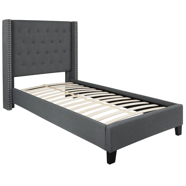 Dark Gray,Twin |#| Twin Tufted Platform Bed in Dark Gray Fabric with 10 Inch Pocket Spring Mattress