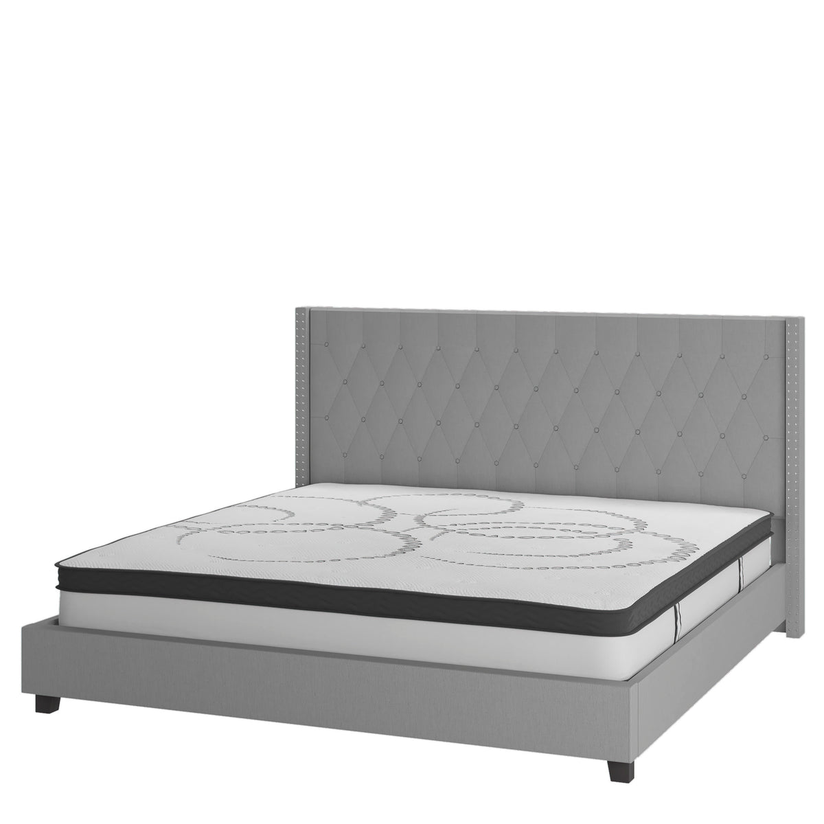 Light Gray,Queen |#| Queen Tufted Platform Bed in Light Gray Fabric with 10in. Pocket Spring Mattress