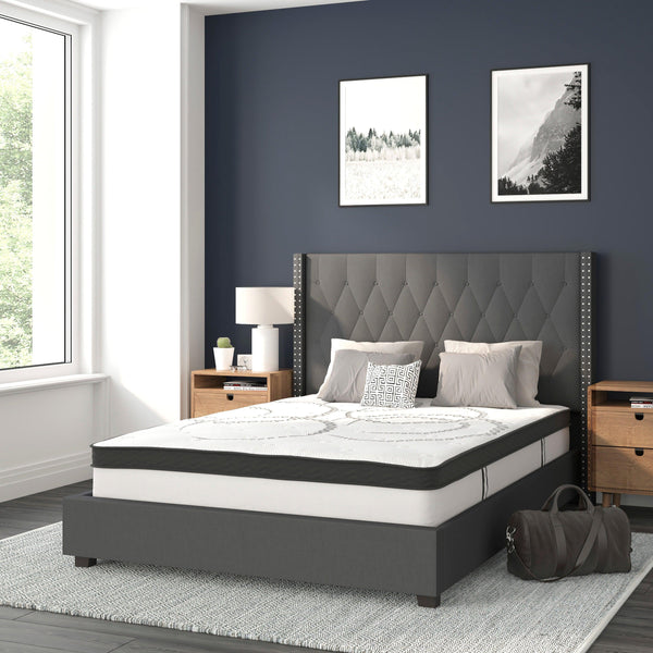 Dark Gray,Full |#| Full Tufted Platform Bed in Dark Gray Fabric with 10 Inch Pocket Spring Mattress