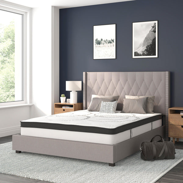 Light Gray,Queen |#| Queen Tufted Platform Bed in Light Gray Fabric with 10in. Pocket Spring Mattress